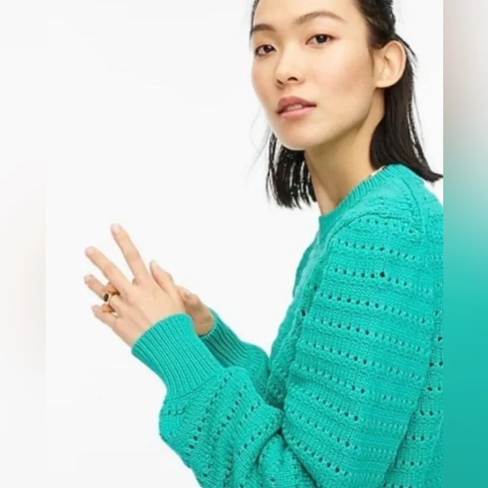 J. Crew Balloon Sleeve Pointelle Sweater Green EUC